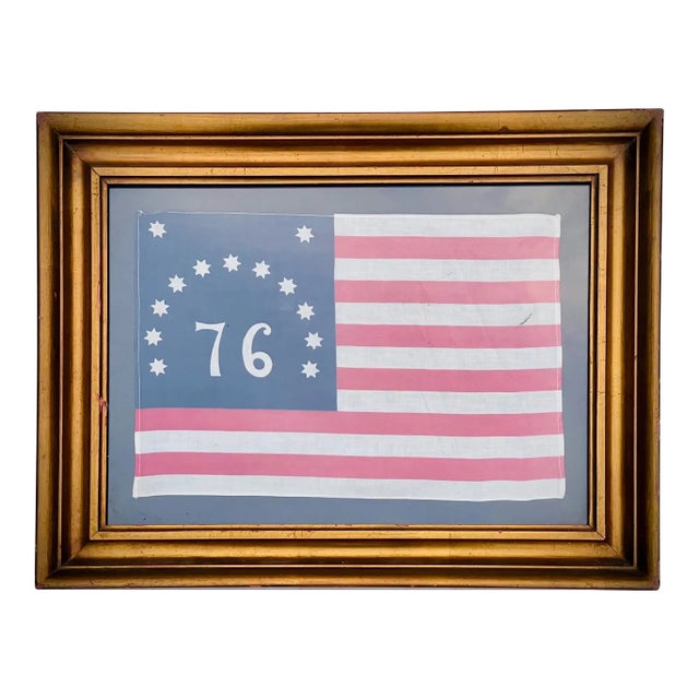 Real Vintage American Revolutionary Flag Bicentennial 13 Star Cotton in Gilt Antique Frame For Sale