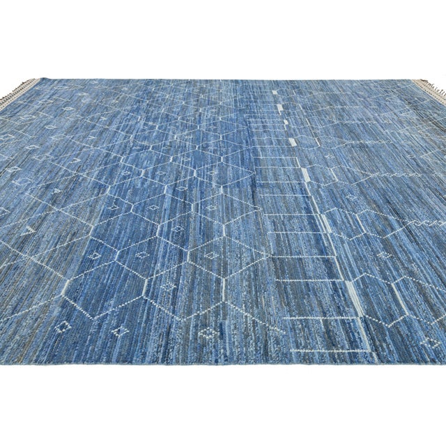 Blue Modern Moroccan Indigo Blue Geometric Handmade Wool Rug 12x16 For Sale - Image 8 of 10