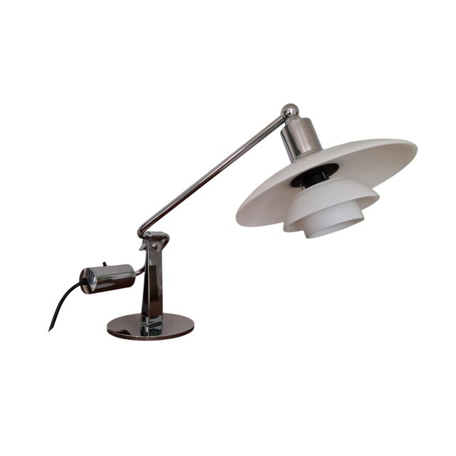 Poul Henningsen PH-2/1 piano lamp with white opal glass shades and chrome frame. The lamp is from the 1990s and appears in...