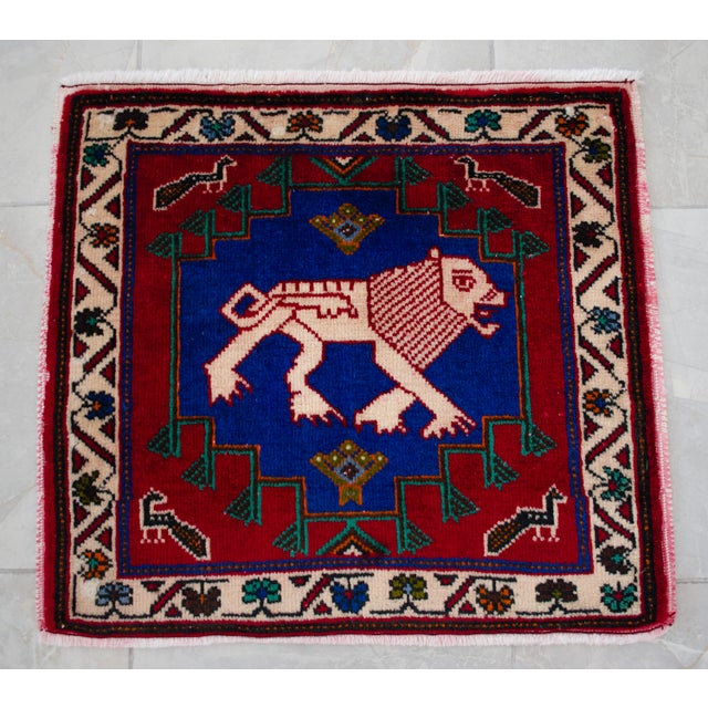 1970s Hand-Knotted Small Rug, Lion Motif Wellcome Mat Entry Decor - 26" X 24" For Sale - Image 6 of 9