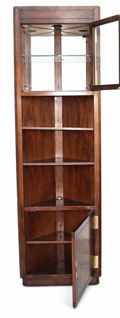 1970s Campaign Vintage Henredon Lighted Oak Corner Display Cabinet With Glass Door — view 2
