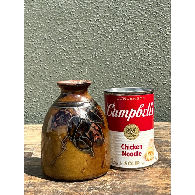 Vintage Hand Painted Leaves Studio Pottery Vase For Sale - Image 4 of 12