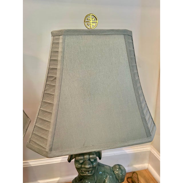 Vintage Celadon Crackle Glaze Chinoiserie Foo Dog Lamps - A Pair For Sale - Image 12 of 15