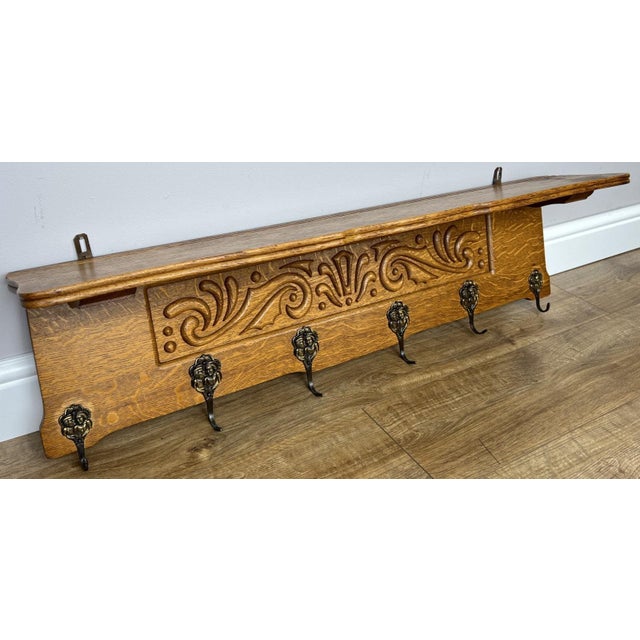 Vintage French Carved Oak Wall Mounted Six Hooks For Sale - Image 3 of 11