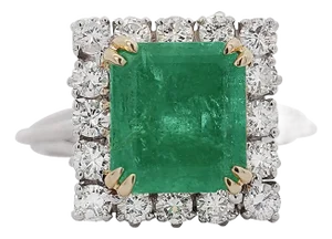 2.97 Carat Emerald Cut Emerald & Diamond Halo 18k White Gold Ring Size 6
