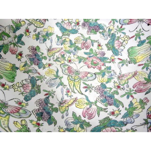 Wood Large Chinese White and Yellow Famille Rose Butterfly Porcelain Bowl & Carved Rosewood Stand For Sale - Image 7 of 13