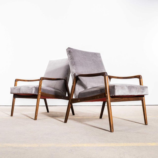 1950’s Jaroslav Šmídek Original Re-Upholstered Armchairs In Grey Cotton Velvet. Sourced direct in the Czech republic this...