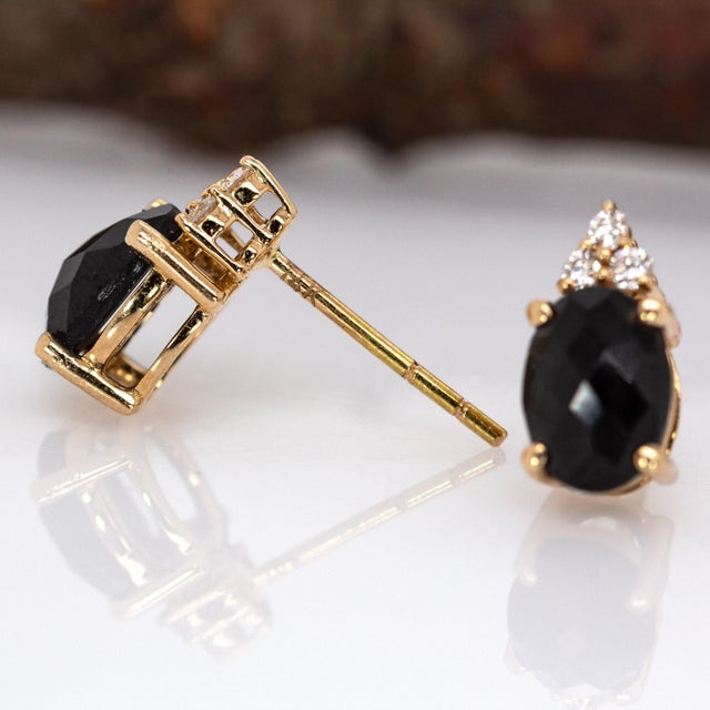 Metal Oval Shaped Black Spinel Stud Earrings in 14k Solid Gold With Natural Diamonds- 2 Pieces For Sale - Image 7 of 7