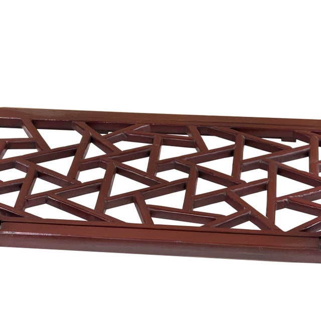 Distressed Reddish Brown Trapezoidal Geometric Lattice Panel Console Table For Sale - Image 12 of 13