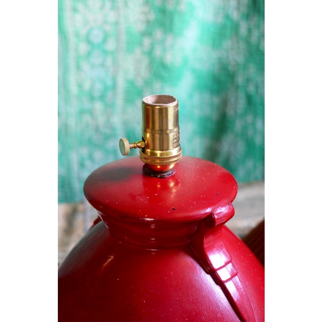 Metal 1920s Pair of Red Glass Art Deco Table Lamps With Orange Pleated Lampshades For Sale - Image 7 of 18