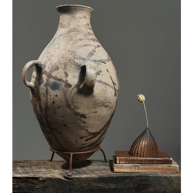 Vintage Monumental Tonaltepec Amphora Style Handled Clay Vessel with Custom Stand This large amphora style vessel...
