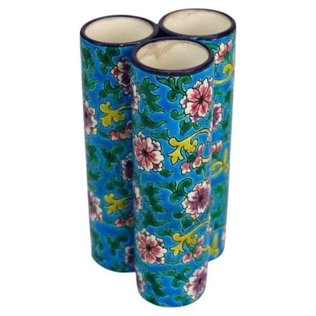 French Longwy Pottery Floral Decorated Triple Bud Vase, Signed, C1900 For Sale - Image 9 of 10