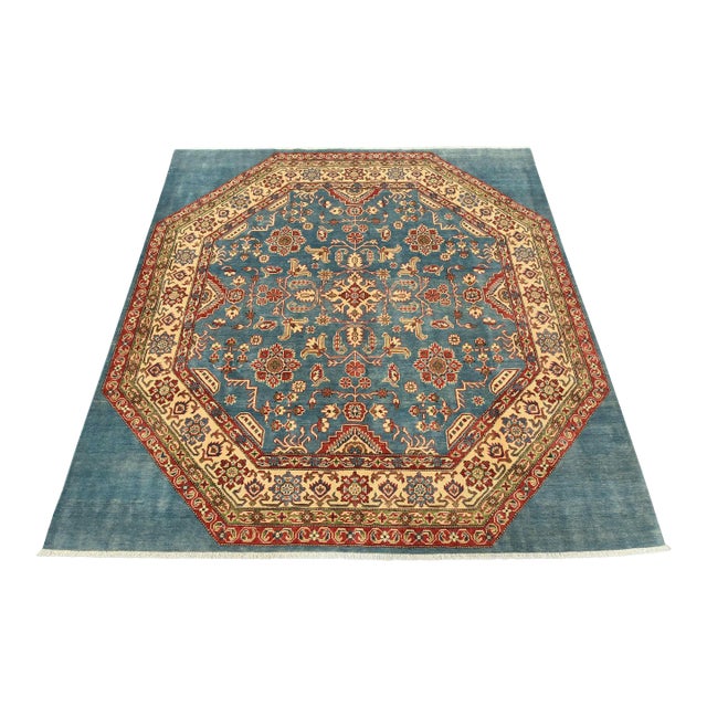 Kazak Rug 7’10” X 7’10” Blue Wool Traditional Hand-Knotted Carpet For Sale