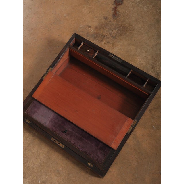 Vintage Brass Bound Campaign Writing Slope Lap Desk With Velvet Interior Storage Compartments Folding Travel Writing Box For Sale - Image 9 of 14