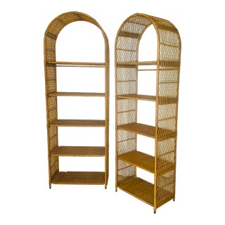 Vintage Boho Chic Arched Rattan & Wicker Etageres - A Pair For Sale