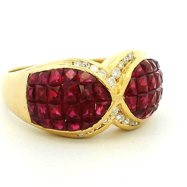 1990s Italian 18k Gold Ruby Diamond Crossover Cocktail Ring, Size 6.5 For Sale - Image 11 of 13