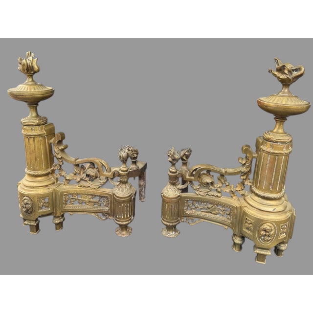 Gold Pair of Antique French Victorian Ornate Cast Metal Fireplace Chenet Andirons For Sale - Image 8 of 8