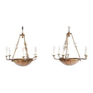 Pair of Large Early 20th Century French Neoclassical Alabaster and Gilt Bronze Chandeliers For Sale