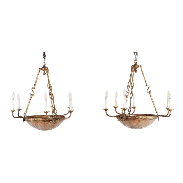 Pair of Large Early 20th Century French Neoclassical Alabaster and Gilt Bronze Chandeliers For Sale