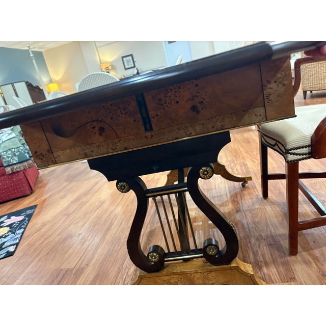 Baker Furniture Company 1970s Baker Furniture Regency Burl Wood Writing Desk With Lyre Base For Sale - Image 4 of 10