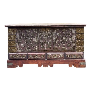 19th-C. Anglo-Indian Brass Clad Hand Forged Padauk Wood Trunk / Coffee Table For Sale
