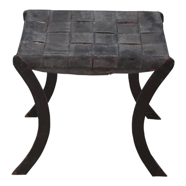 Mid 20th Century Vintage French Industrial Iron & Woven Leather Saber Leg Stool Bench Seat For Sale