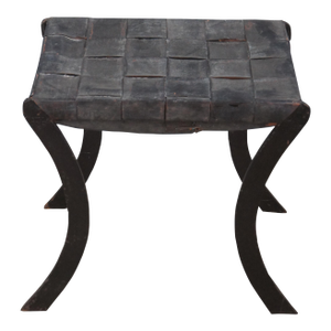 Mid 20th Century Vintage French Industrial Iron & Woven Leather Saber Leg Stool Bench Seat
