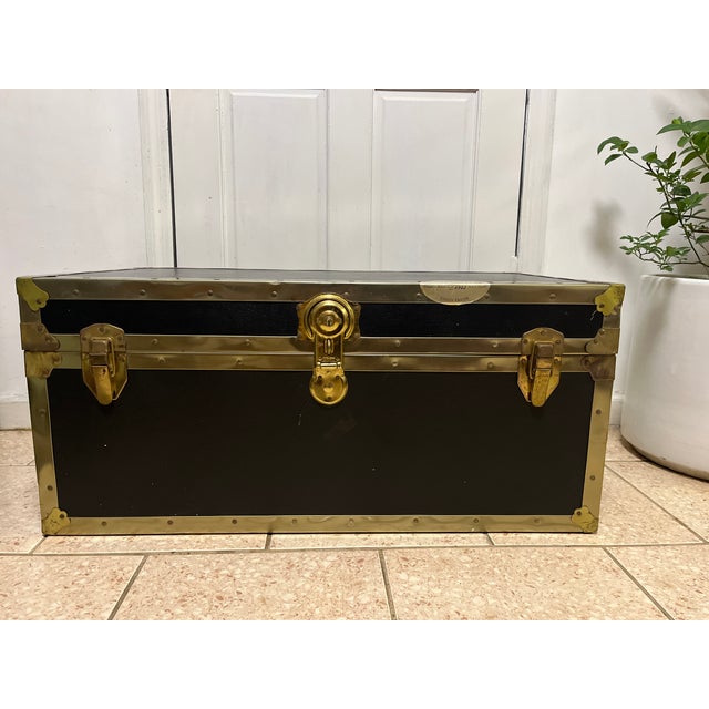 Antique Everlite Black and Brass Steamer Trunk Made in Canada For Sale - Image 4 of 13