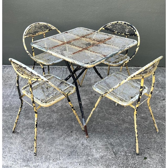 Light Yellow Vintage MCM Hoop Folding Wrought Iron Table and Chairs For Sale - Image 8 of 12