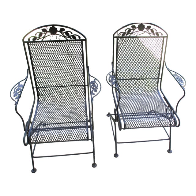 Pair of Vintage Woodard Wrought Iron Bouncy Spring Arm Chairs Chantilly Rose Attributed For Sale
