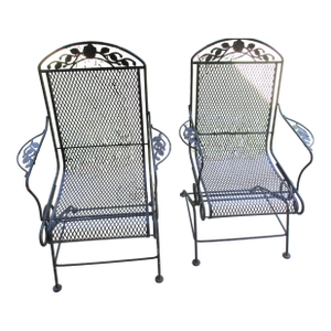 Pair of Vintage Woodard Wrought Iron Bouncy Spring Arm Chairs Chantilly Rose Attributed
