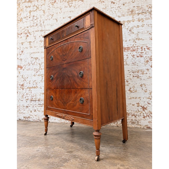 Late 20th Century Vintage French Regency Style Solid Wood 4 Drawer Highboy Dresser on Wheels and Original Hardware For Sale - Image 5 of 8