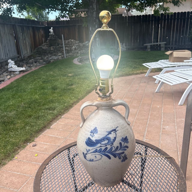 Farmhouse Ethan Allen Rowe Pottery Works Blue Bird Decorated Salt Glazed Pottery Lamp For Sale - Image 3 of 4