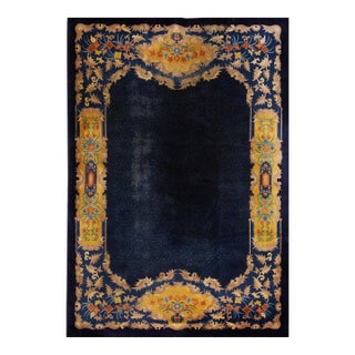 1920s Blue Navy Traditional Antique Chinese Art Deco Carpet 9'6" X 13'2" Knotted Wool Rug For Sale