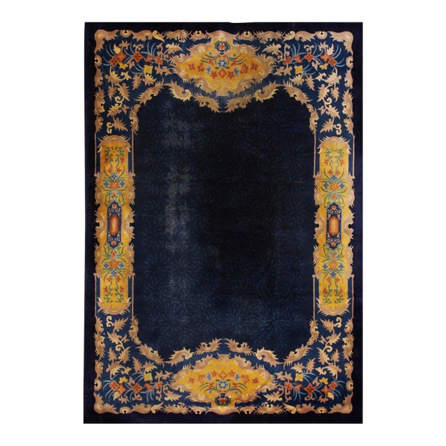 1920s Blue Navy Traditional Antique Chinese Art Deco Carpet 9'6" X 13'2" Knotted Wool Rug For Sale