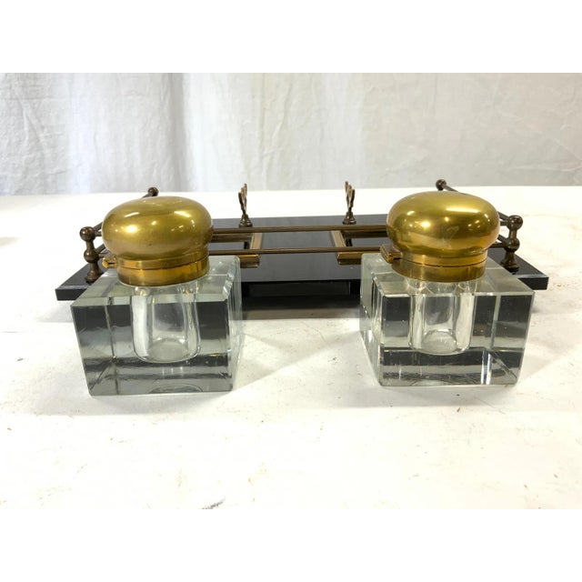 Antique Crystal and Brass Double Inkwells With Footed Base For Sale In New York - Image 6 of 7