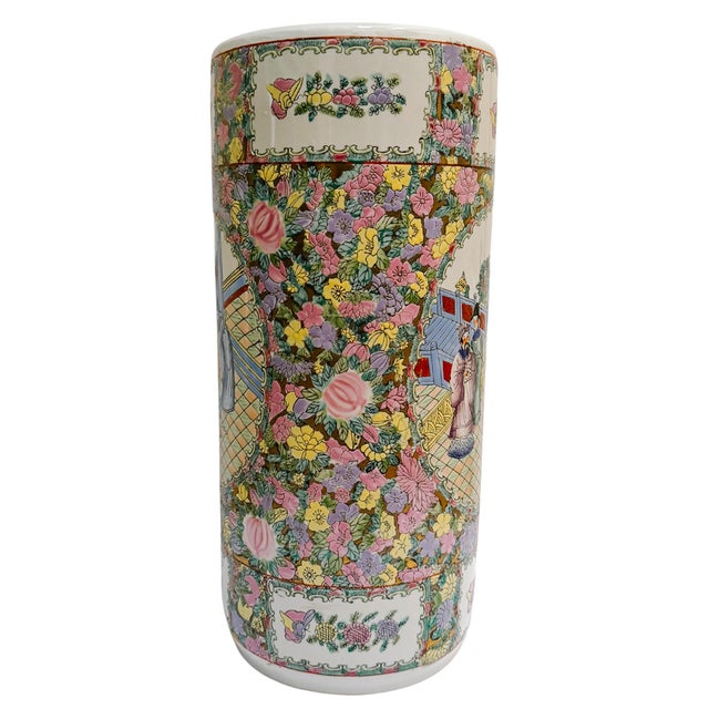 Late 20th Century Vintage Hand-Painted Chinoiserie Rose Medallion Floral Umbrella Stand For Sale - Image 5 of 11