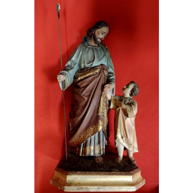 Large Religious Statue of Saint Joseph and the Baby Jesus in Polychrome Terracotta and Gilded Wood For Sale - Image 4 of 11