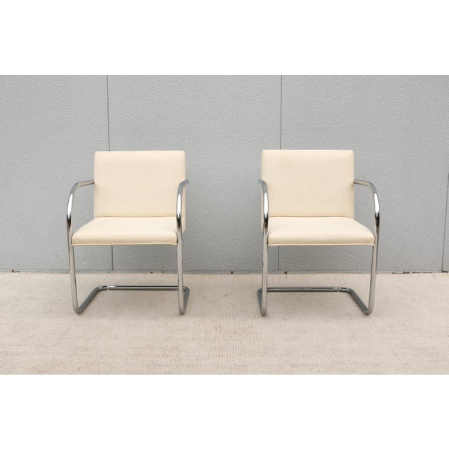 Metal Ludwig Mies Van Der Rohe Brno Tubular Chairs in Cream Fabric by Gordon - A Pair For Sale - Image 7 of 18