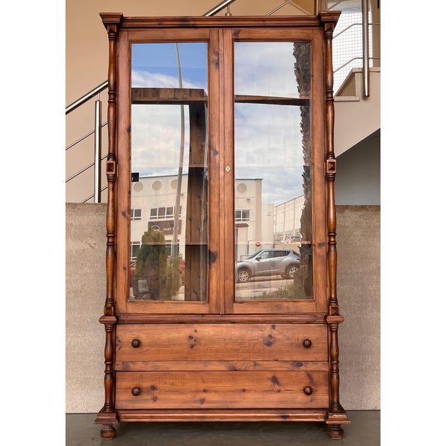 20th Century Large Cupboard or Bookcase with Glass Vitrine, Pine, Spain Restored For Sale - Image 17 of 18