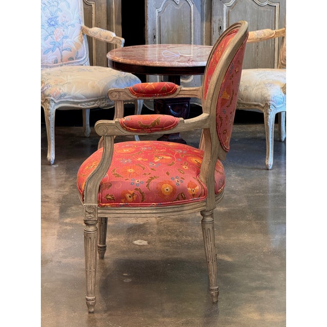 French Pair of Vintage Painted Fauteuils With Floral Upholstery For Sale - Image 3 of 8