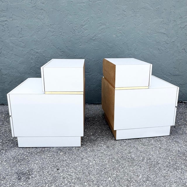 Postmodern Galactic White Gloss Laminate Waterfall Nightstands - A Pair For Sale In West Palm - Image 6 of 11