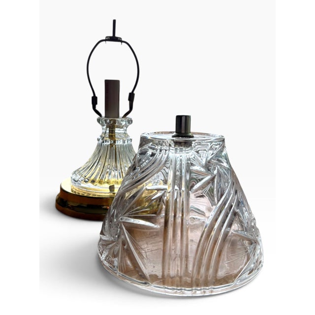 Mid 20th Century Vintage Cut Glass Table Lamp With Intricate Swirl & Floral Pattern, Gold-Tone Base For Sale - Image 5 of 6