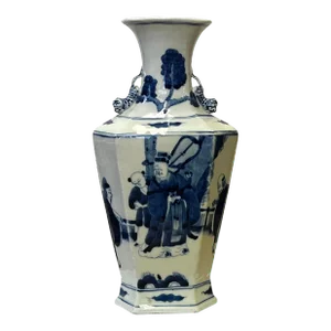 Chinese Blue White Porcelain Rhomboid Hexagon Scenery Vase