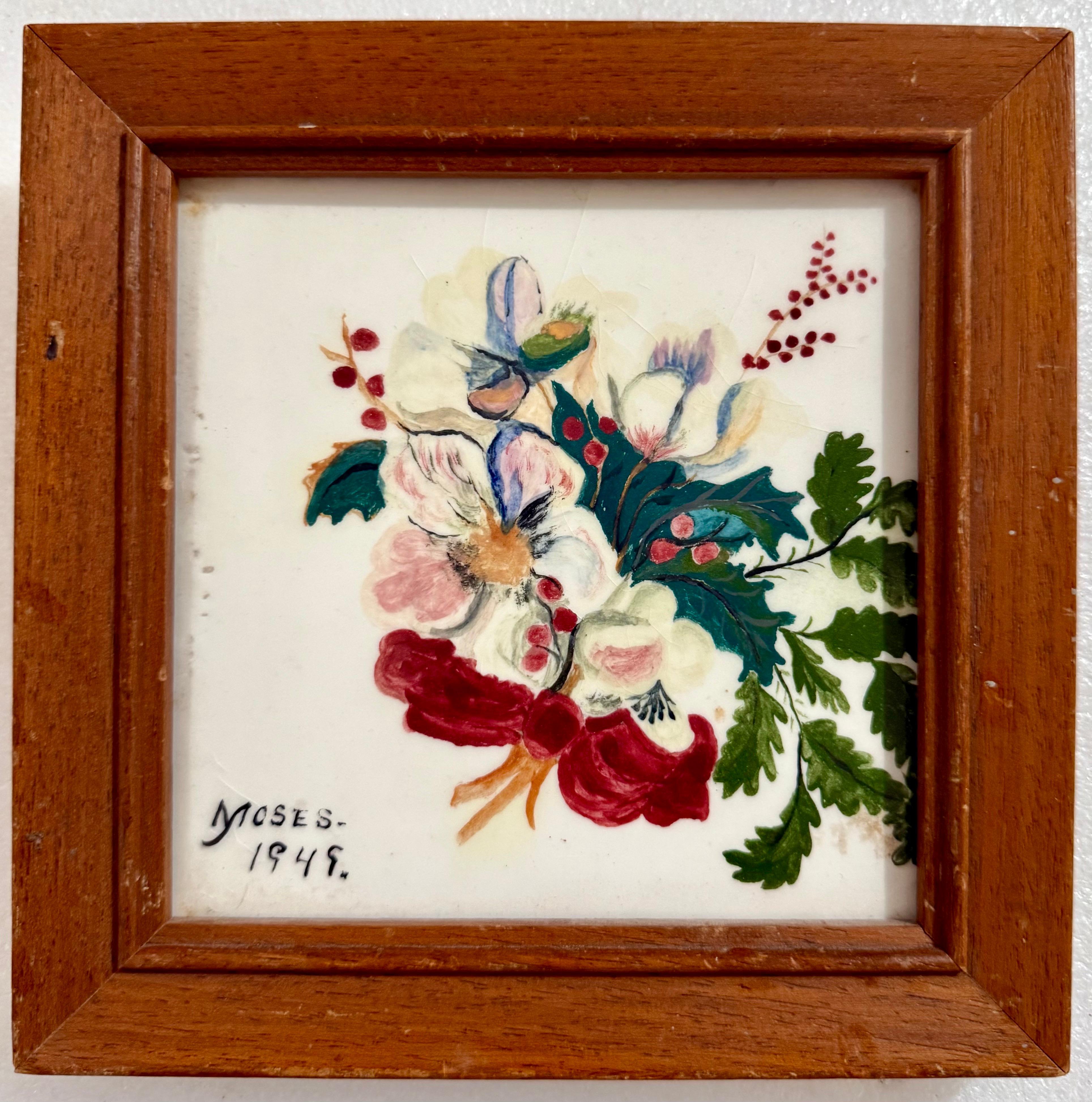 Grandma Moses, Original 1949 Painted Ceramic Tile Flowers Hand
