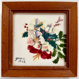 Grandma Moses, Original 1949 Painted Ceramic Tile Flowers Hand Painting Grandma Moses Folk Art, 1949 For Sale