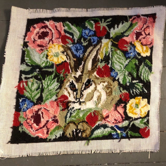Hand Done Needlepoint Picture Rabbit in Flowers Vintage For Sale - Image 4 of 5
