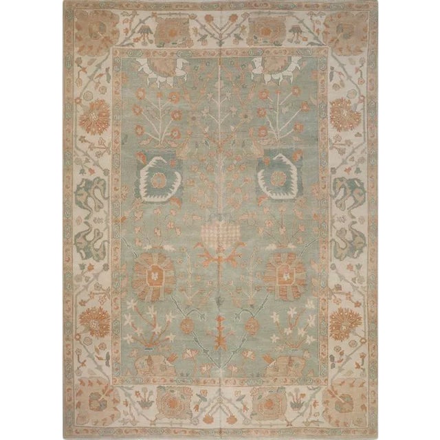Handwoven Green Turkish Oushak Area Rug 9'2" X 12'10" For Sale