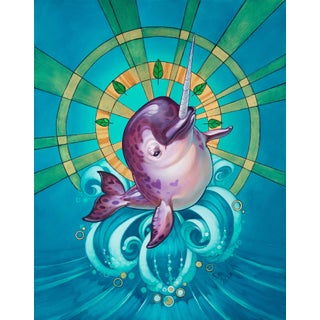 Ace of Wands by Rhonda Libbey | Oil and 24 karat gold leaf on panel Narwhal swimming in waves For Sale