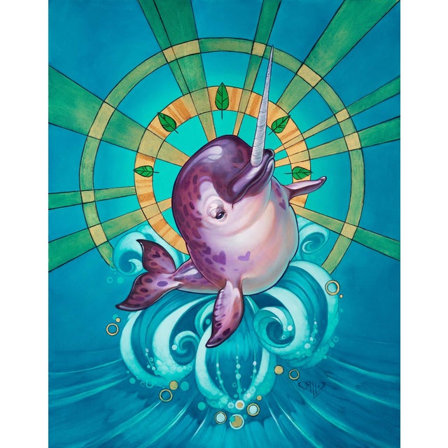 Ace of Wands by Rhonda Libbey | Oil and 24 karat gold leaf on panel Narwhal swimming in waves For Sale